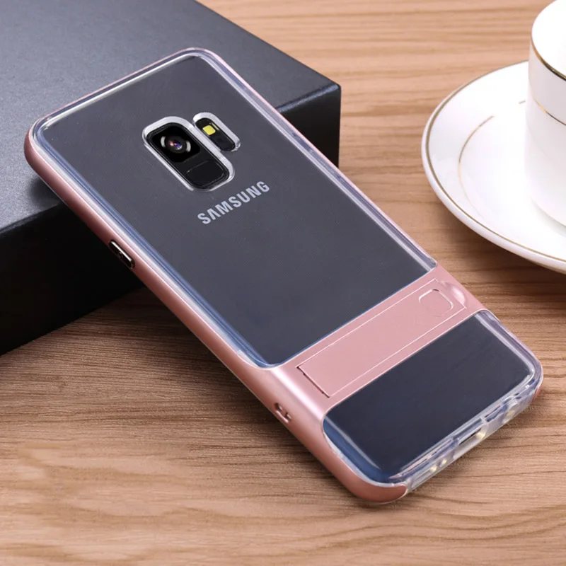 Роскошные Скрытая чехол с Умной крышкой и подставкой для samsung Galaxy S10 S8 S9 плюс Note8 Note9 Тонкий Жесткий ПК+ ТПУ чехол-держатель для крепления для samsung Note9 S9 чехлы - Цвет: Clear Rose Gold