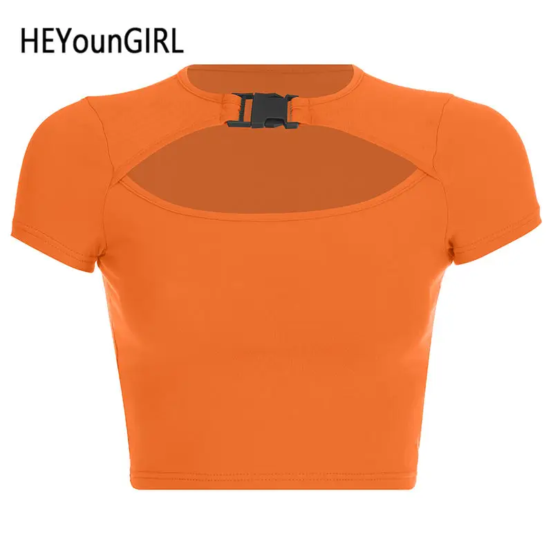 Оранжевый HEYounGIRL с вырезами Harajuku короткий рукав укороченный Топ Футболка Основные повседневные футболки хлопок для женщин выдалбливают Сексуальная женская рубашка - Цвет: Оранжевый