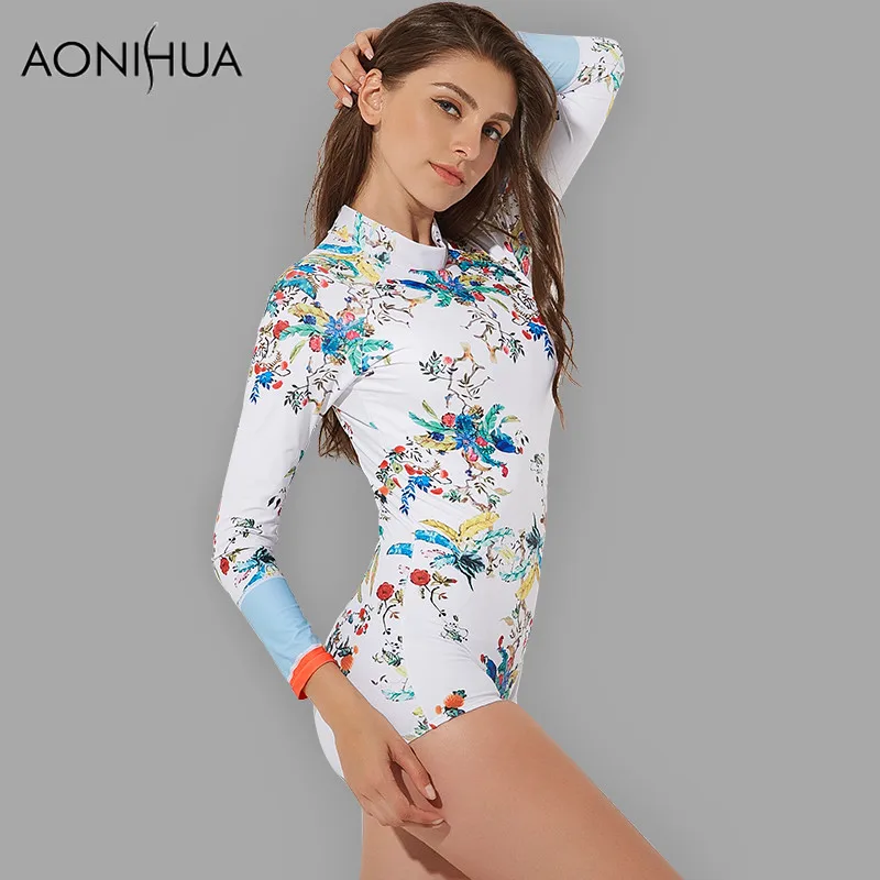 Aonihua тонкий печати Одна деталь плавать Костюмы для Для женщин с длинным рукавом Сёрфинг Push Up Купальники для малышек женский купальный Костюмы 2164