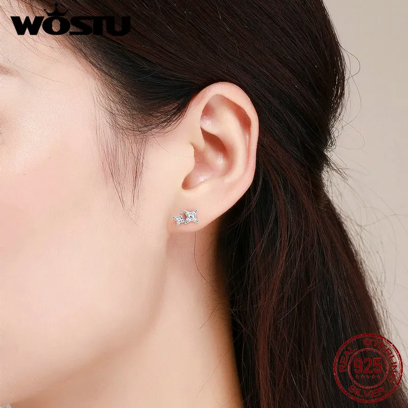 WOSTU Настоящее серебро 925 пробы сверкающие звезды крошечный гвоздик серьги для