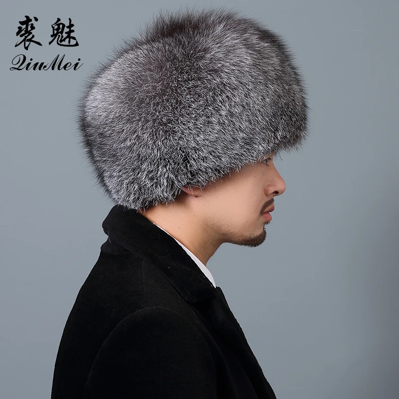 2018 Genuine Silver Fox Fur Hats Men Real Raccoon Fur Thick Warm Lei Feng Cap for Russian Men Bomber Hats Winter Real Fur Hat
