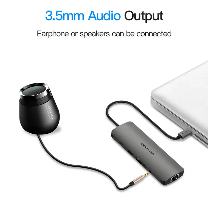Vention USB HUB Type C To 3 0 с PD Power HDMI 5 мм аудио RJ45 гигабитный Ethernet адаптер SD/TF кардридер |