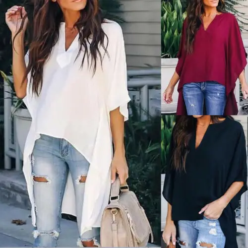 

Chic Elegant Irregular V-Neck Blouses batwing sleeve Plus Tops Pullover Shirts