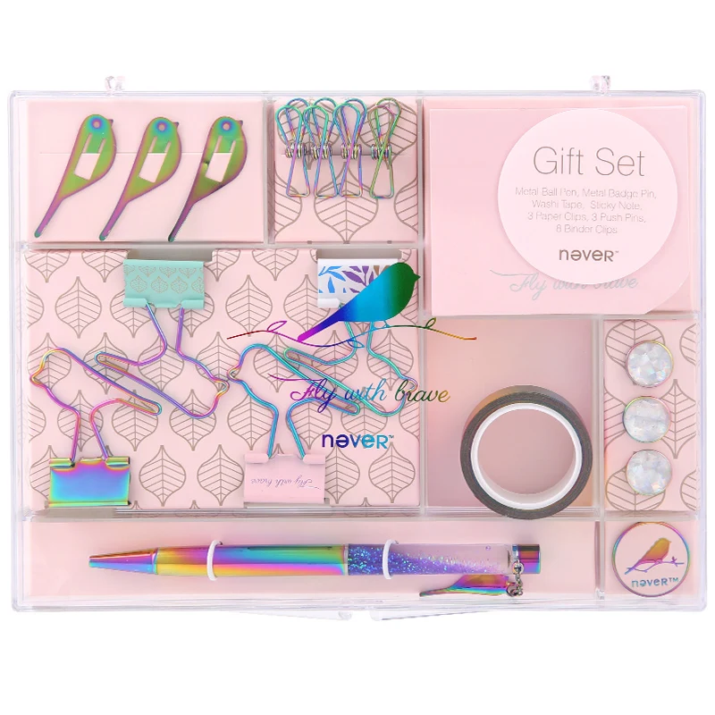 

Never Fly Bird Series Gift Stationery Sets Paper Clips Binder clip Sticky Note Pen Gift Box Package For Teachers School Supplies