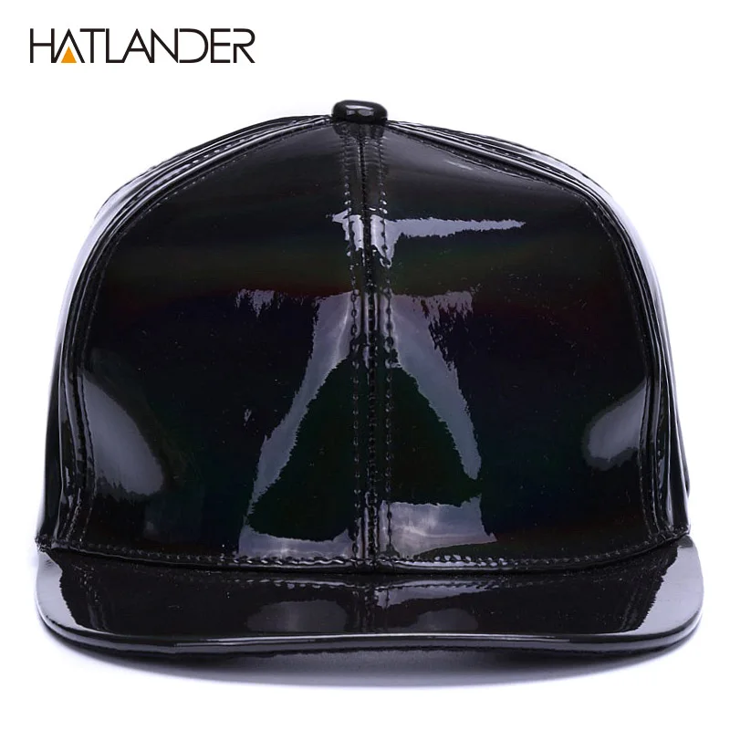 [HATLANDER] блестящие Бейсбольные Кепки из искусственной кожи с плоским козырьком для мальчиков и девочек, однотонные бейсболки, Кепка в стиле панк, уличная танцевальная кожаная крутая Кепка в стиле хип-хоп
