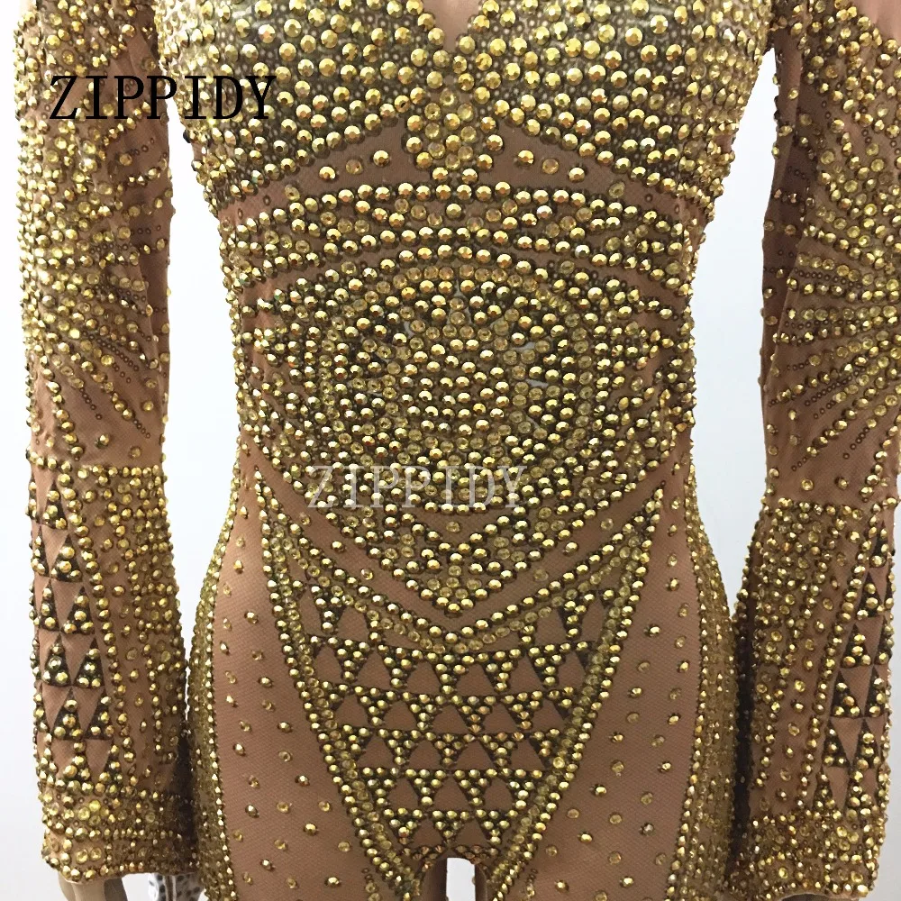 Модный золотистый комбинезон Стразы телесного цвета сексуальный красивый