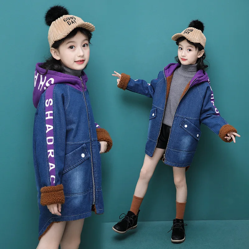 Джинсовая куртка для девочек зимняя осенняя теплая флисовая средней длины с