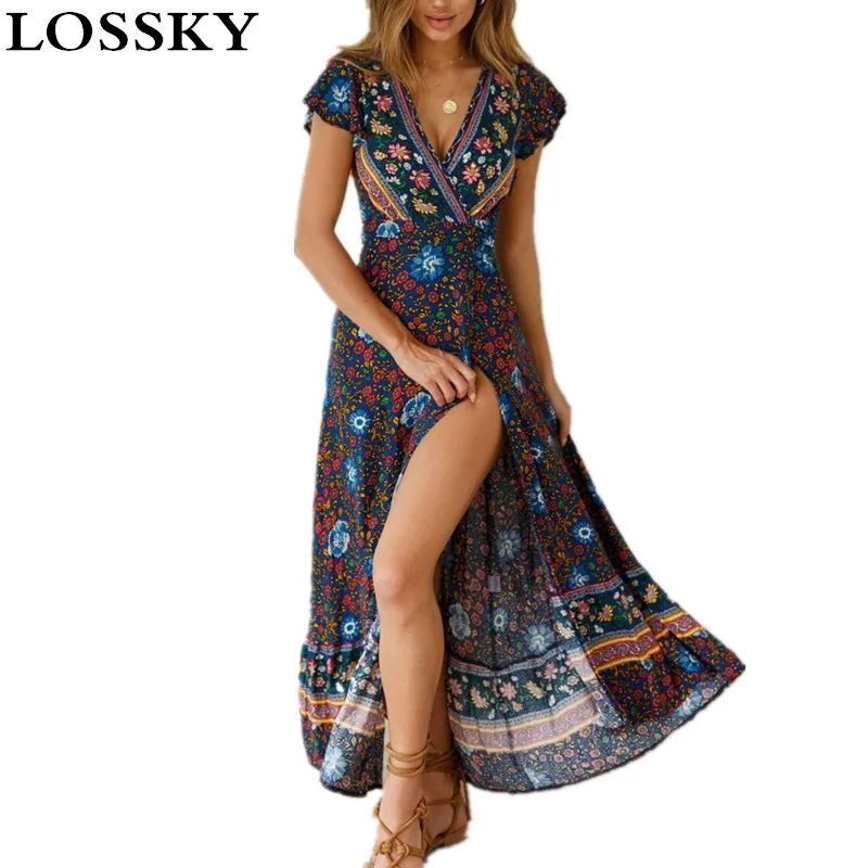 Женское летнее Пляжное Платье макси с цветочным принтом сексуальные платья V
