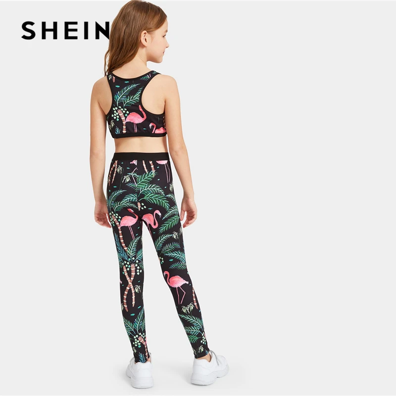 SHEIN/комплект детской одежды для маленьких девочек с растительным принтом; топ и леггинсы с эластичной резинкой на талии; коллекция года; летняя одежда без рукавов для активного отдыха; комплект одежды