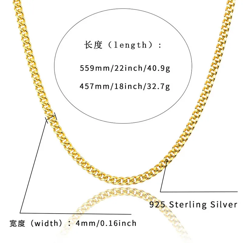 TOPGRILLZ 925 Sterling Silver Cuban Necklace Chain 18‘’ 22‘’ Inch Gold Silver Color Fashion Hip Hop Jewelry Link For Gifts