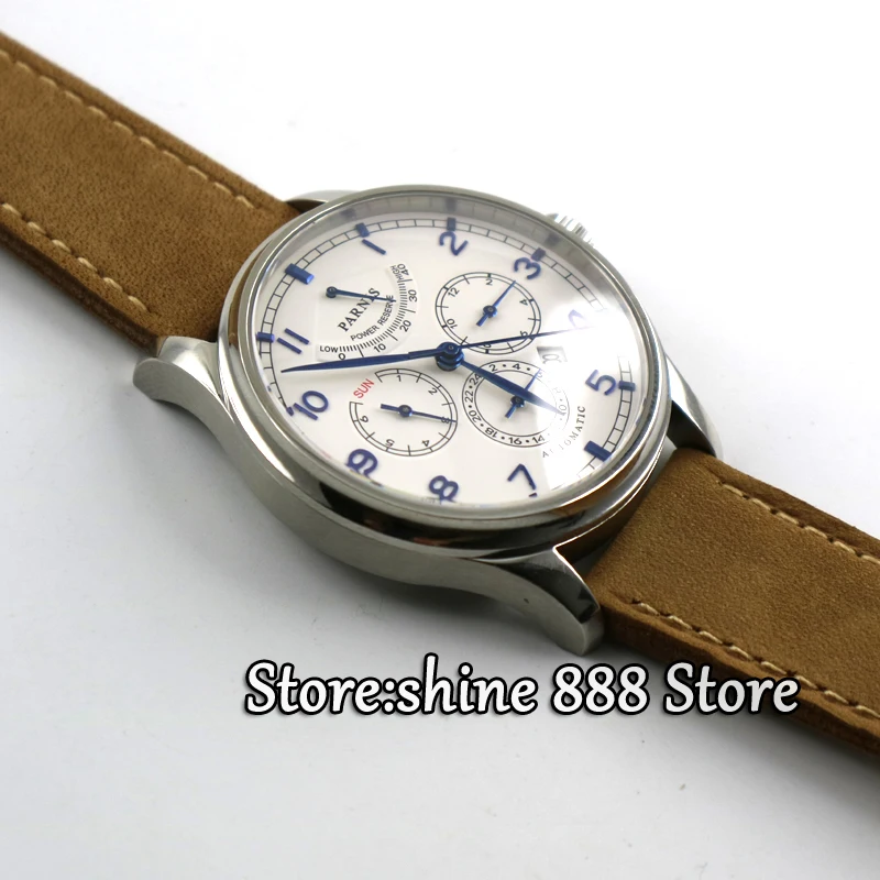 42 мм parnis белый циферблат верблюжий ремешок Многофункциональный сапфировое