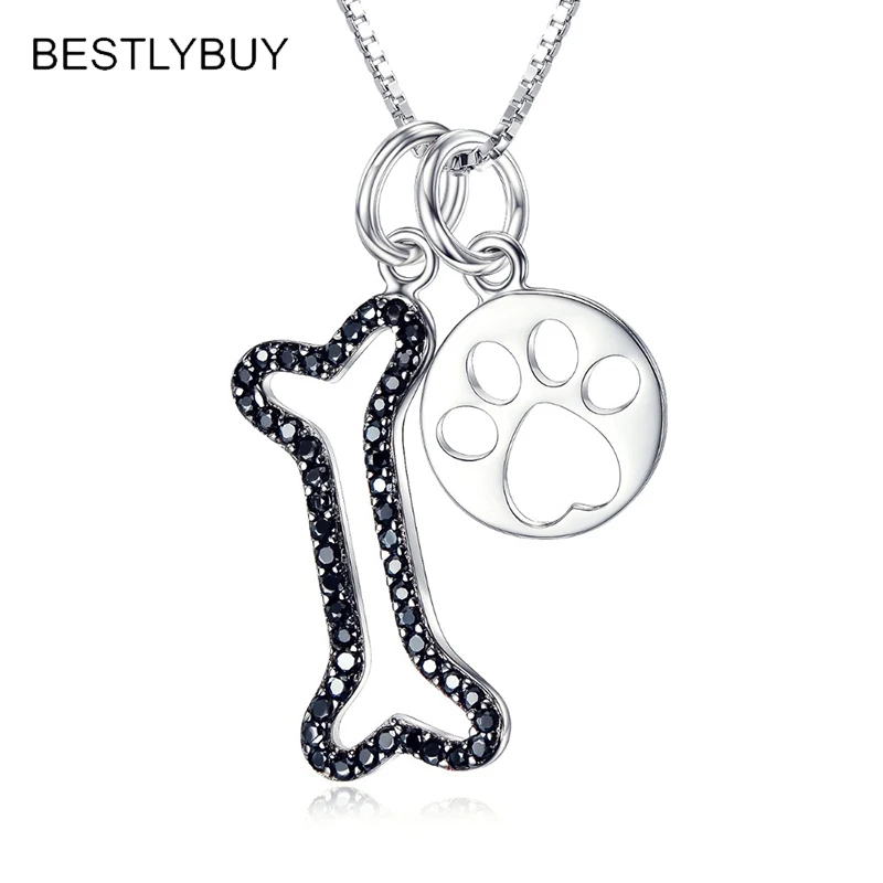 BEATLYBUY 925 Sterling Silver dog Paw Print Bone Pendant Necklace Lovely Animal Jewelry Kolye For Women