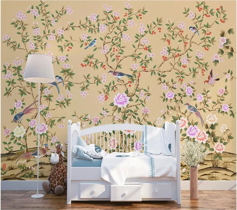 3d фотообои beibehang на заказ фотофрески ручная роспись Винтажные Цветы и птицы фон