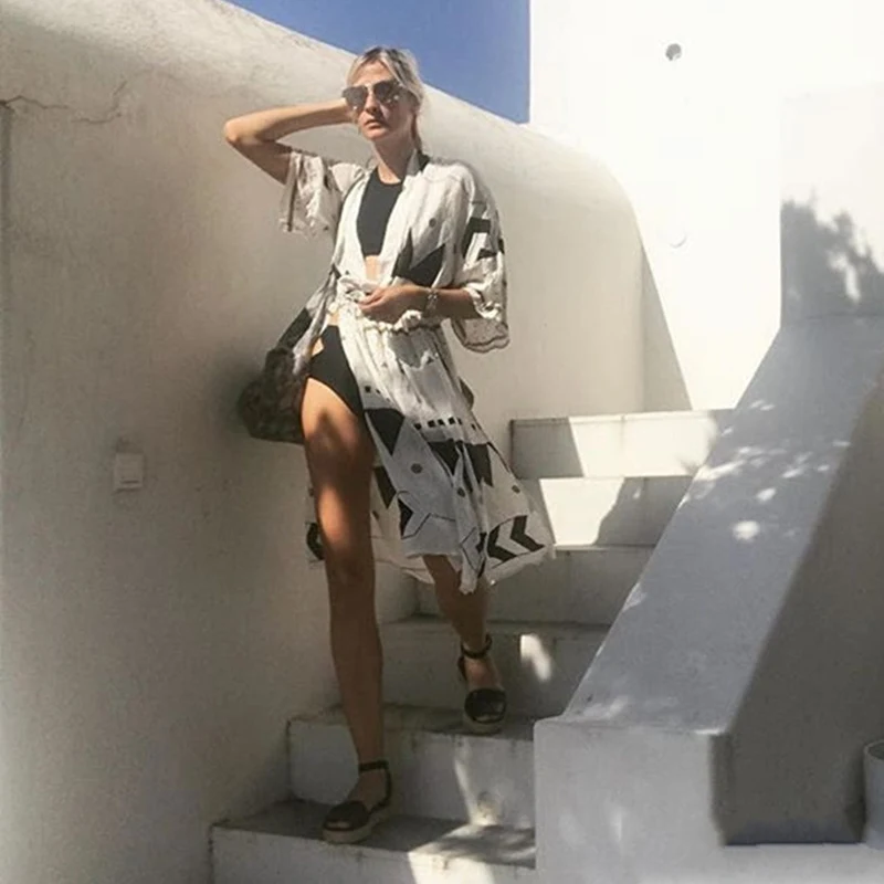 Swimsuit Cover Up 2020 Women Pareo Beach Dress Wears Print Loose Long Cardigan Bathing Suit Ups | Женская одежда