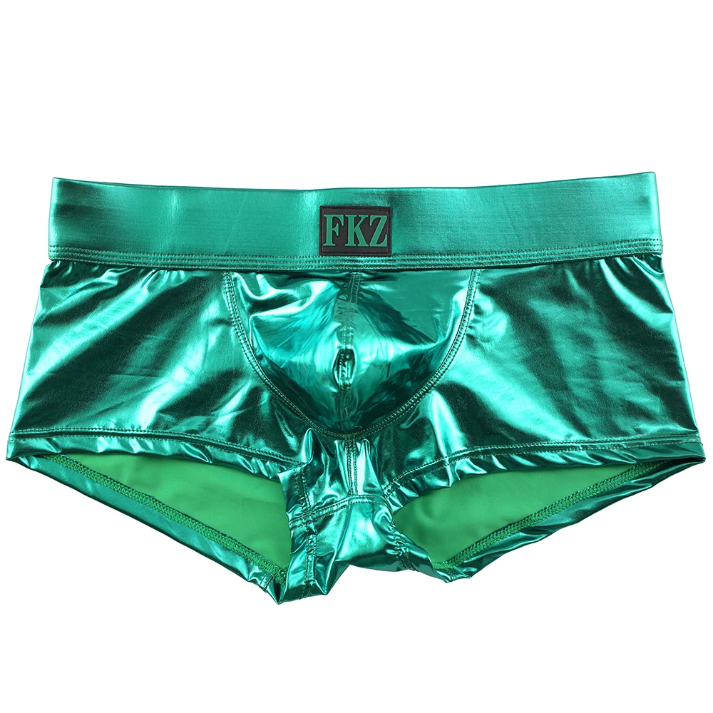Green Men Boxer Shorts Sexy Male Low Rise PU Leather U Bulge Underwear Gay Party Club Boxers Shorts Bikini Underpants Cueca - Цвет: Green