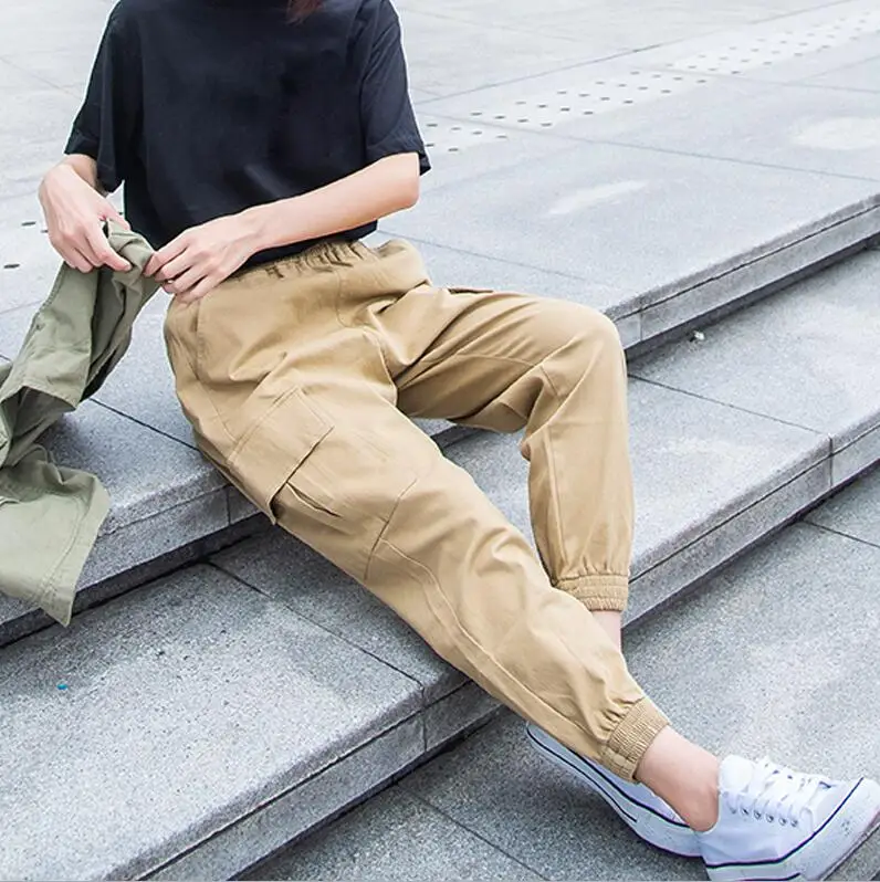 Khaki Брюки-карго размера плюс 5XL для женщин, однотонные свободные большие спортивные брюки с карманами, повседневные женские брюки длиной до щиколотки - Цвет: Khaki