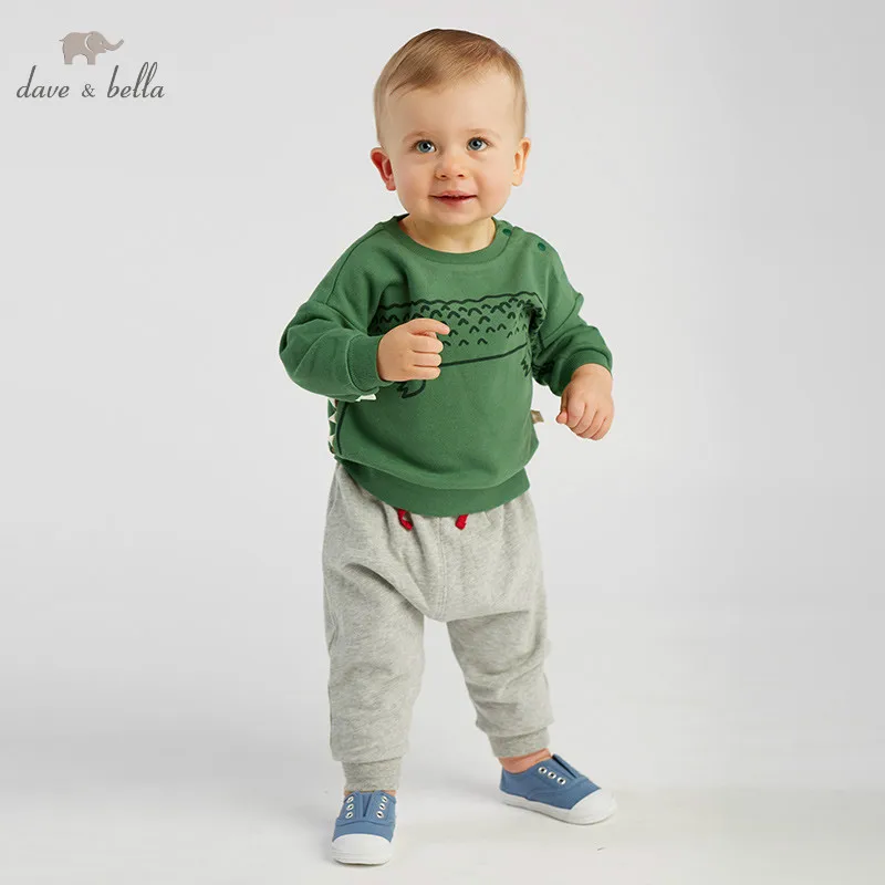 DBA9575 dave bella spring baby boys fashion crocodile print sets kids long sleeve clothing children 2 pcs suit | Детская одежда и