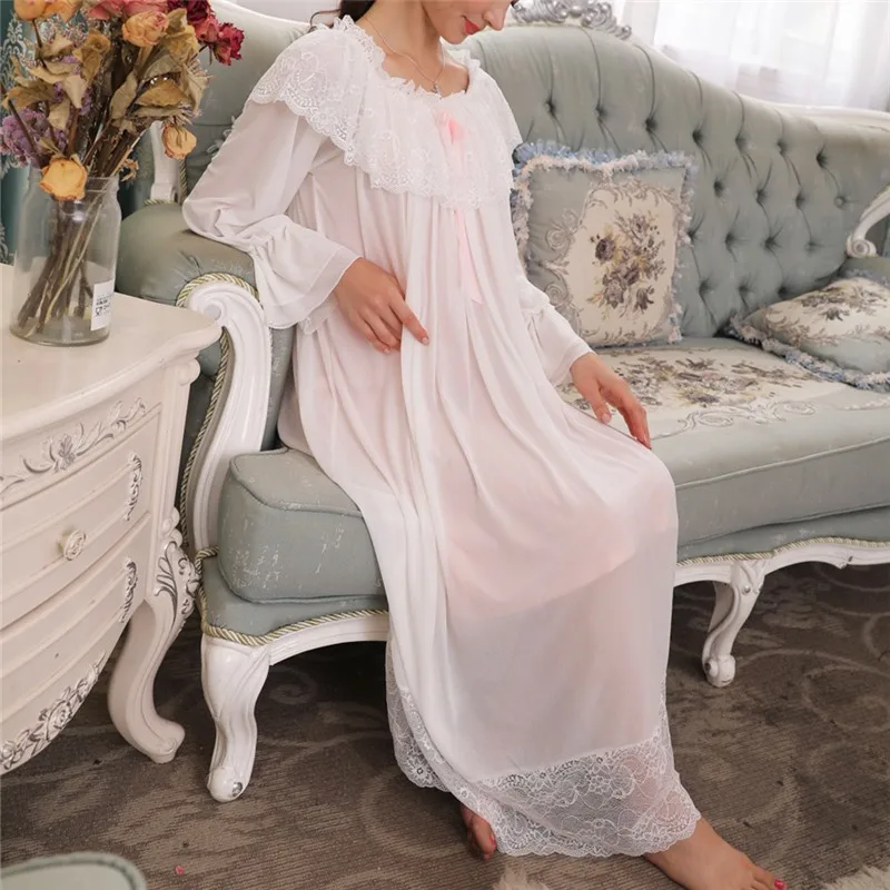 Осенняя одежда для сна Женская винтажная ночная рубашка с длинным рукавом и