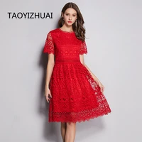 taoyizhuai chinese style festival regular short sleeves a line knee length solid o neck plus size lace women party dress 11706