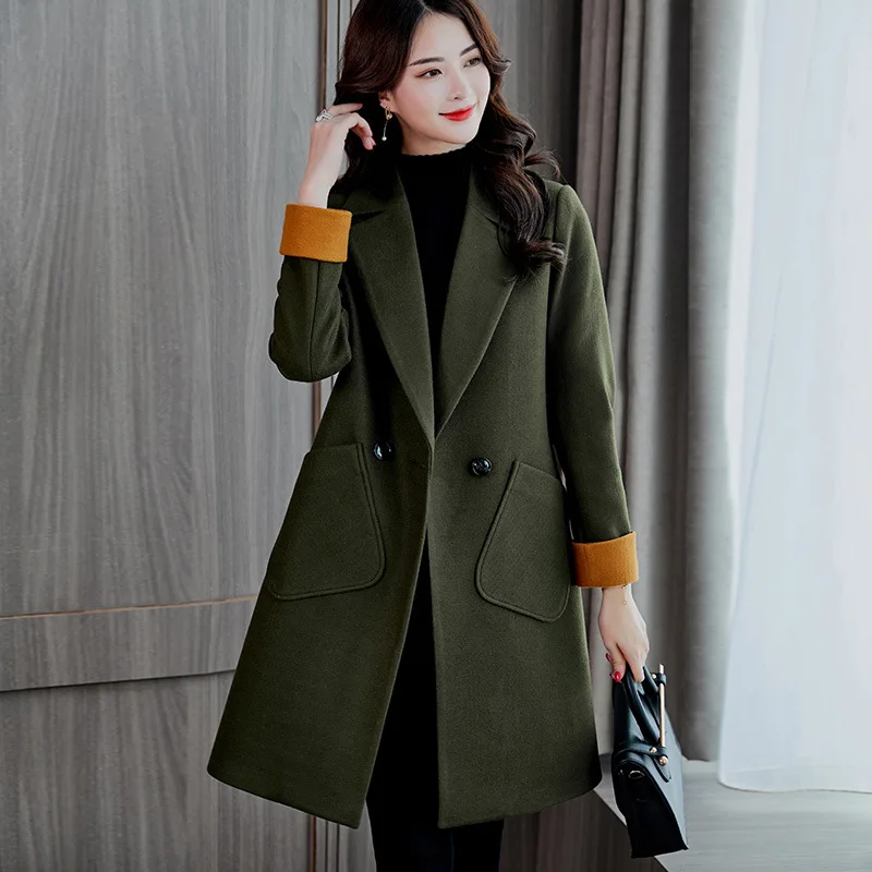 Офисное женское длинное шерстяное пальто с отложным воротником широкой талией