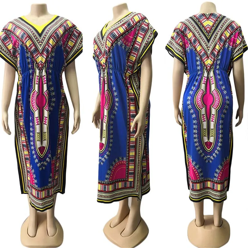 

African Clothing Women Traditional Summer Ethnic Totem Printed Outfit Short Sleeve Casual Dashiki Dress V-Neck Long Maxi Dress