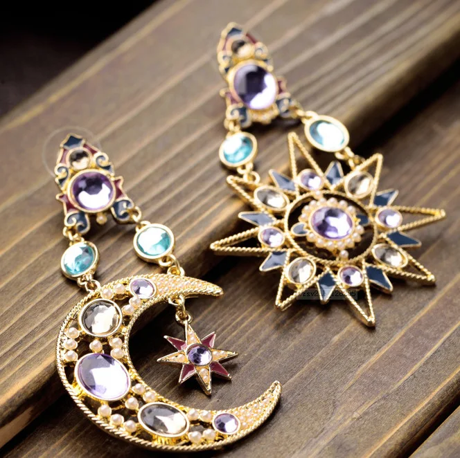 Женские серьги с Луной и звездой жемчугом Голубыми Стразами подарочные
