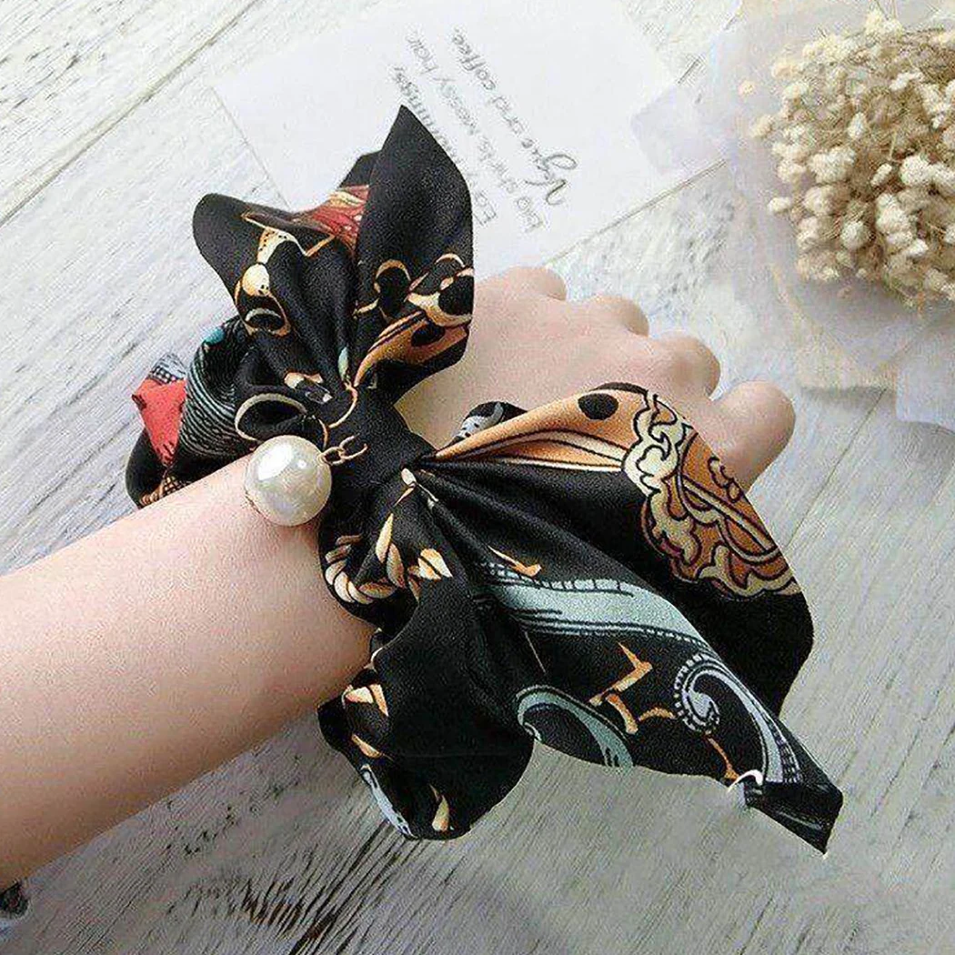 12 шт шифона с цветочным принтом бантом шелк резинки для волос Для женщин жемчуг хвост держатель заколка для волос аксессуары для волос, резинки