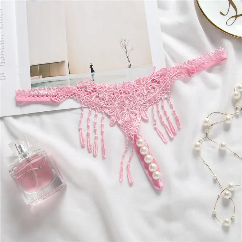 Pink Женское сексуальное нижнее белье, женское эротическое белье, сексуальные стринги и стринги, танга с вышивкой и кисточками, сексуальные трусики с жемчугом для секса - Цвет: Pink