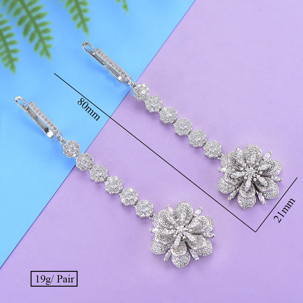 GODK 80MM Luxury Flower Long Dangle Earrings For Women Wedding Full Micro Cubic Zircon Crystal CZ Dubai Bridal Big Drop | Украшения и