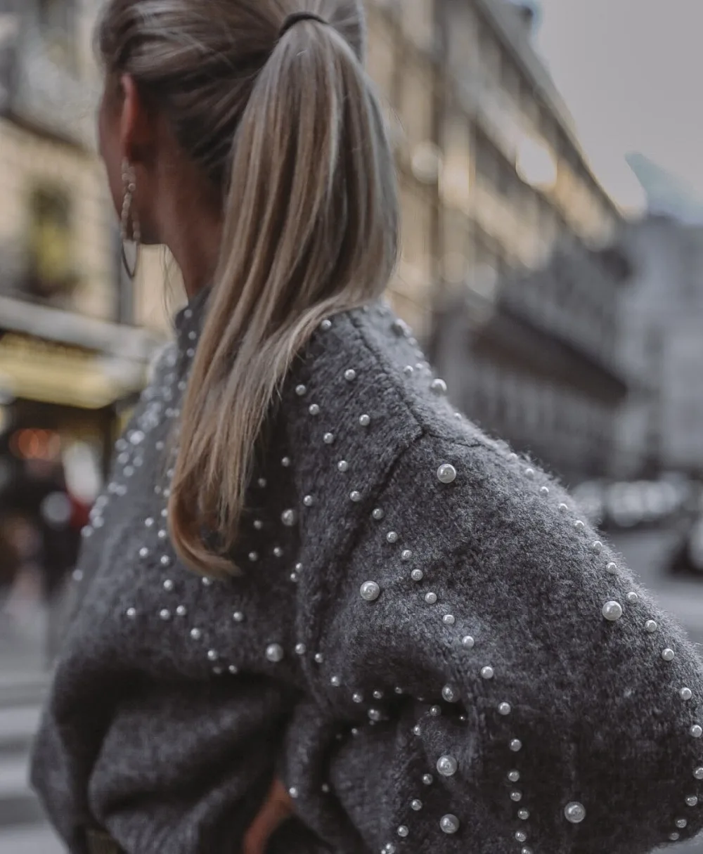 New Autumn winte women sweaters pearl lantern sleeve knitted sweater pullover female grey Short paragraph jumpers | Женская одежда