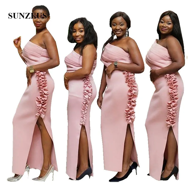 

African Women Bridesmaids Dresses One Shoulder Pink Long Wedding Party Gowns With Ruffles Side Slit Formal Dress