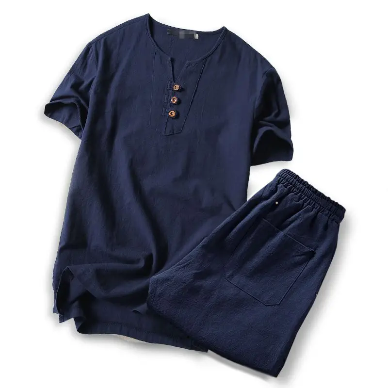 

Big size men t shirt set Linen long sleeve large t shirts casual v-neck two-piece suit t shirts sets for 150kg M-8XL 9XL t shirt