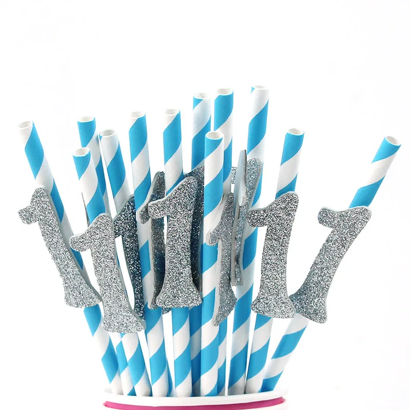 Silver 1 blue straw WEIGAO, 12 шт., 1-й день рождения, номер "1", бумажная соломинка для питья, девичья вечеринка, первый день рождения, украшения, блестящая соломинка, 1 соломинка - Цвет: Silver 1 blue straw