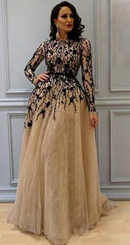 black and Champagne Элегантные кружевные вечерние платья трапециевидной формы с длинным рукавом, черные тюлевые вечерние платья трапециевидной формы с бисером для женщин - Цвет: black and Champagne