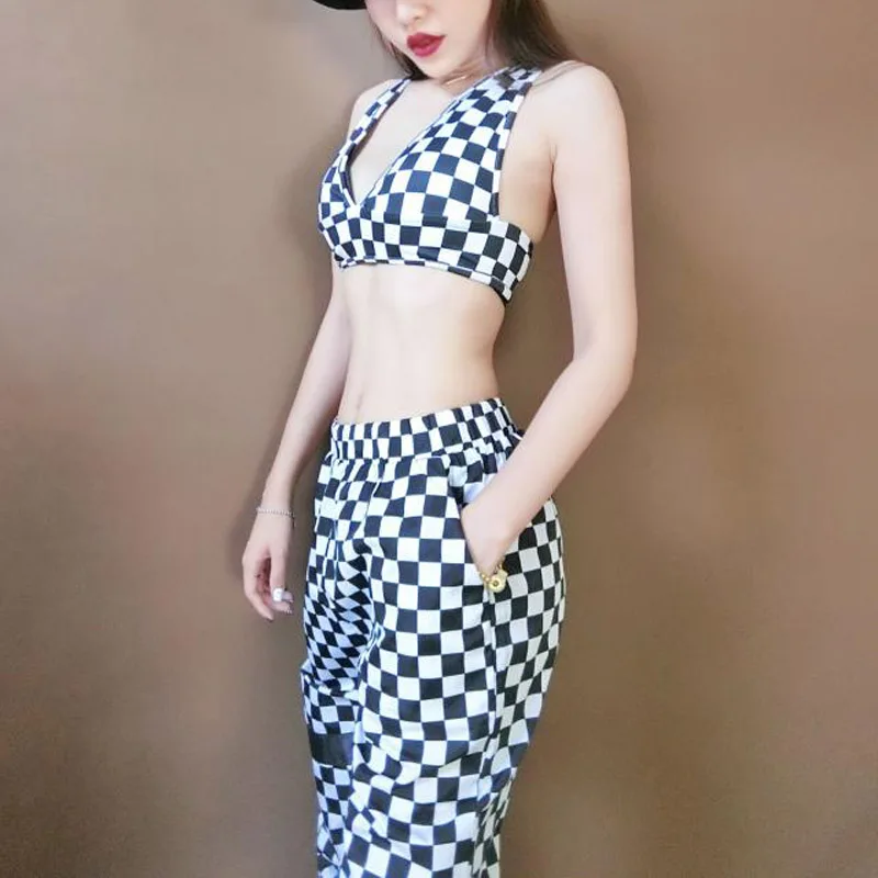 Новый костюм DJ певицы джазовых танцев черно белый хип хоп/танцевальный для