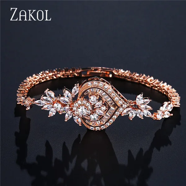 Rose Gold ZAKOL Новая роскошная люстра цветок звено цепи браслеты для элегантных женщин маркиза CZ Brincos Свадебные ювелирные изделия FSBP2040 - Окраска металла: Rose Gold