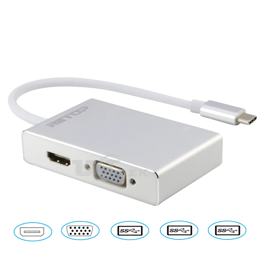 USB-C HDMI 4K VGA Video Adapter with 3Ports USB 3.0 HUB 3.1 Type C (Thunderbolt 3 ) Converter for New MacBook / Chromebook |