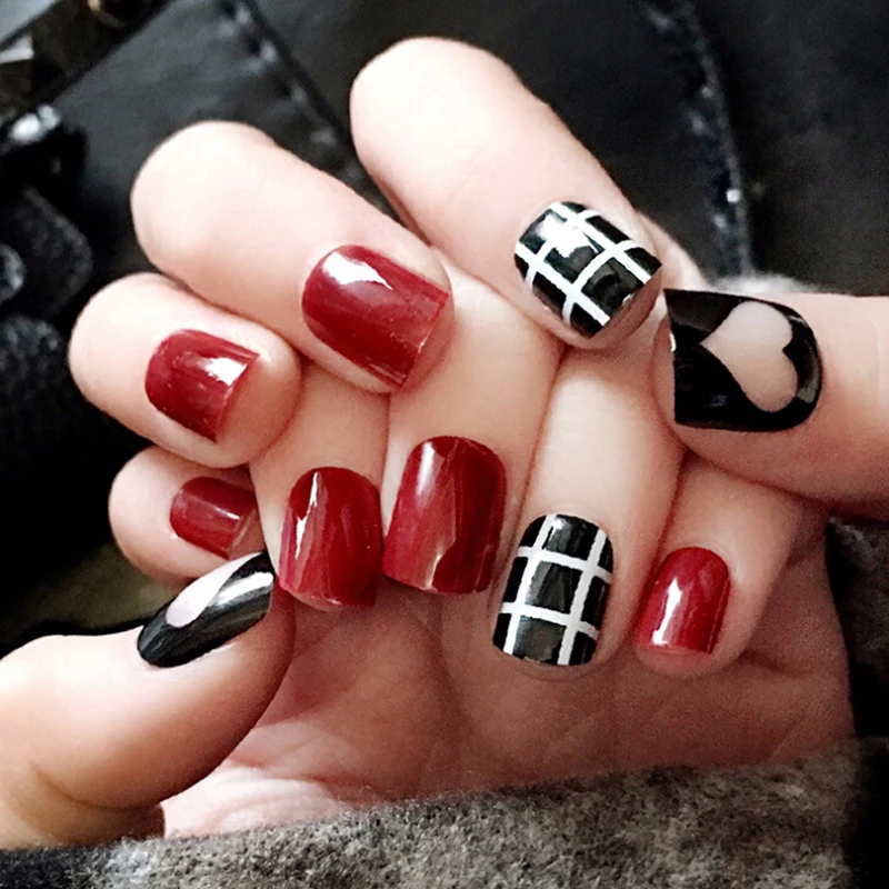 24pcs/set Lattice Grid Design Fake Nails Artificial French Multiple Colors False Tips Press on with Glue Sticker | Красота и здоровье