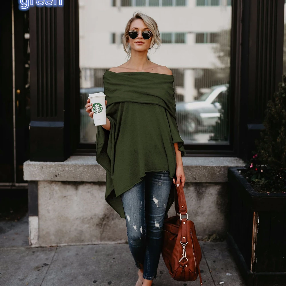 Women Cloak T shirts Asymmetrical Tops Sexy Off Shoulder Shawl tshirt Slash Neck Loose T-shirts Female WDC1439 | Женская одежда