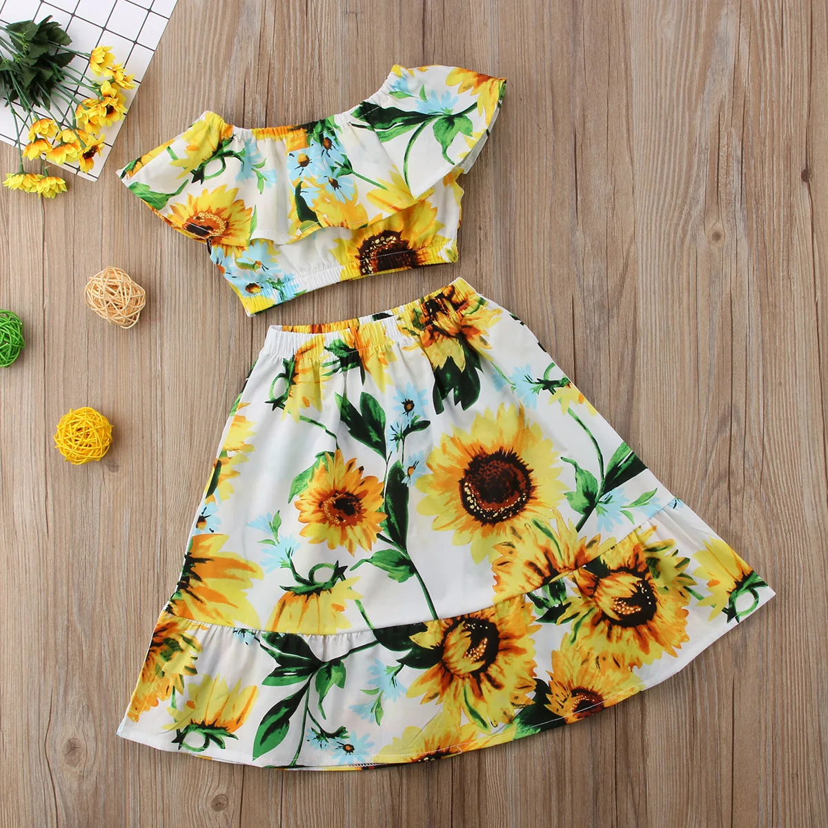 

Kids Baby Girls Flowers Off Shoulder Crop Tops Skirt Outfit Clothes Summer 2-7T Clothes 2PCS Set Casual Ruffles Cotton Clothing