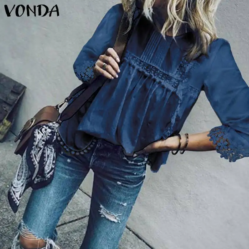 VONDA Женские топы и блузки Летняя Открытая блуза богемные Топы повседневные блузы с рукавом 3/4 Однотонная рубашка размера плюс туника