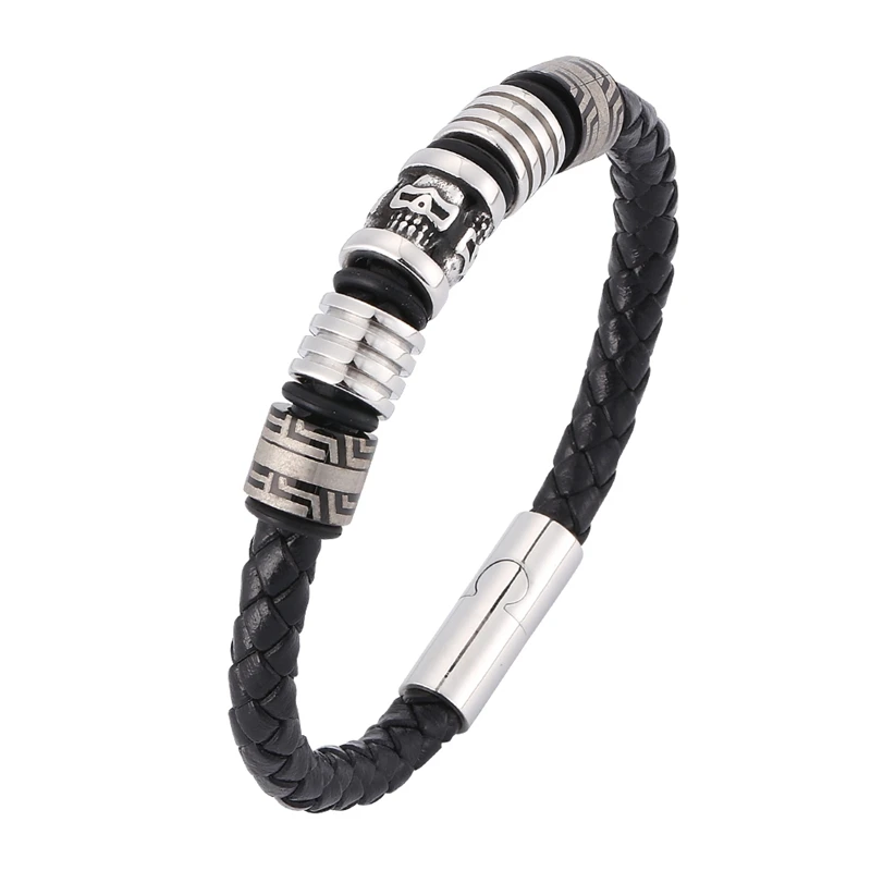 Оптовая продажа Кожаный Плетеный мужской браслет с черепом из нержавеющей стали