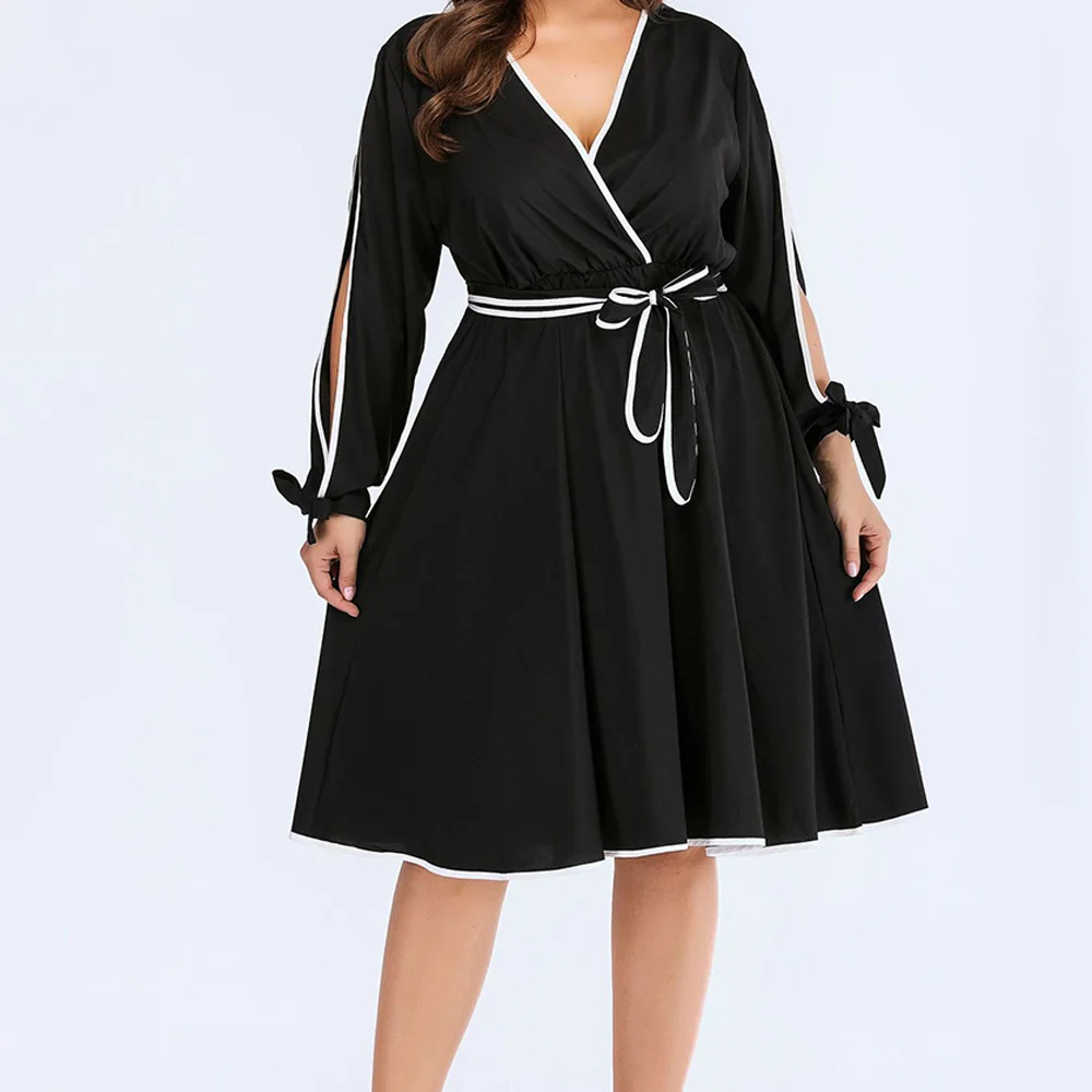 Женское платье большого размера летнее черное с длинным рукавом и высокой талией