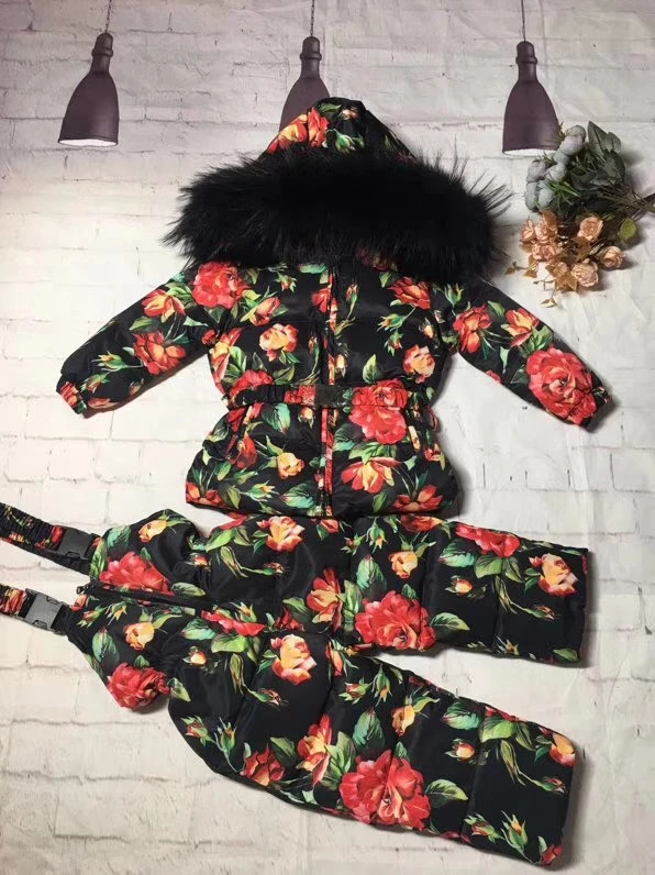 Real raccoon fur winter jacket child suit jacket+pant twinset boy& girl ski suits children down jacket outerwear parka