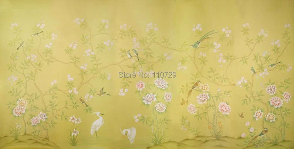 Ручная роспись шелковые обои Рисование дерево с птицами и пионами цветы ручная