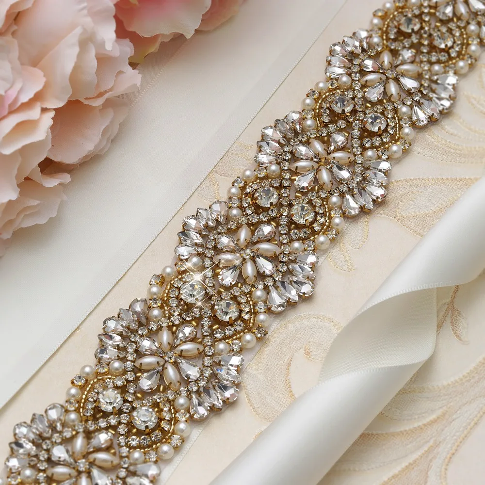 yanstar Handmade Pearls Bridal Belt Gold Crystal Wedding Rhinestones Sash For Dresses XY811 | Свадьбы и торжества