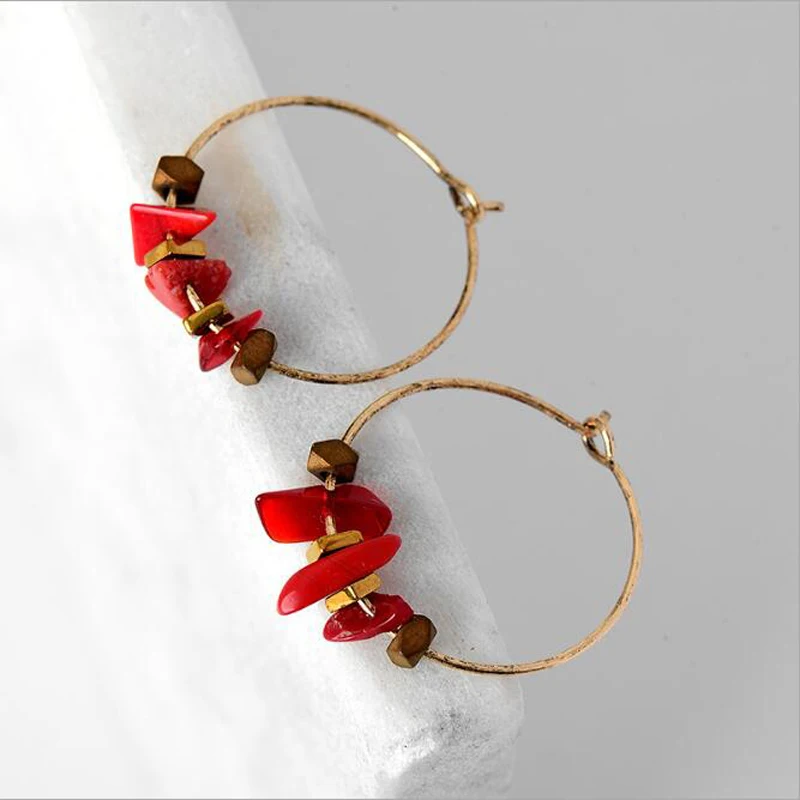 2017 New Style Red Natural Stone Earrings Bohemia Original Handmade Plated Gold Circle For Women Gifts | Украшения и аксессуары