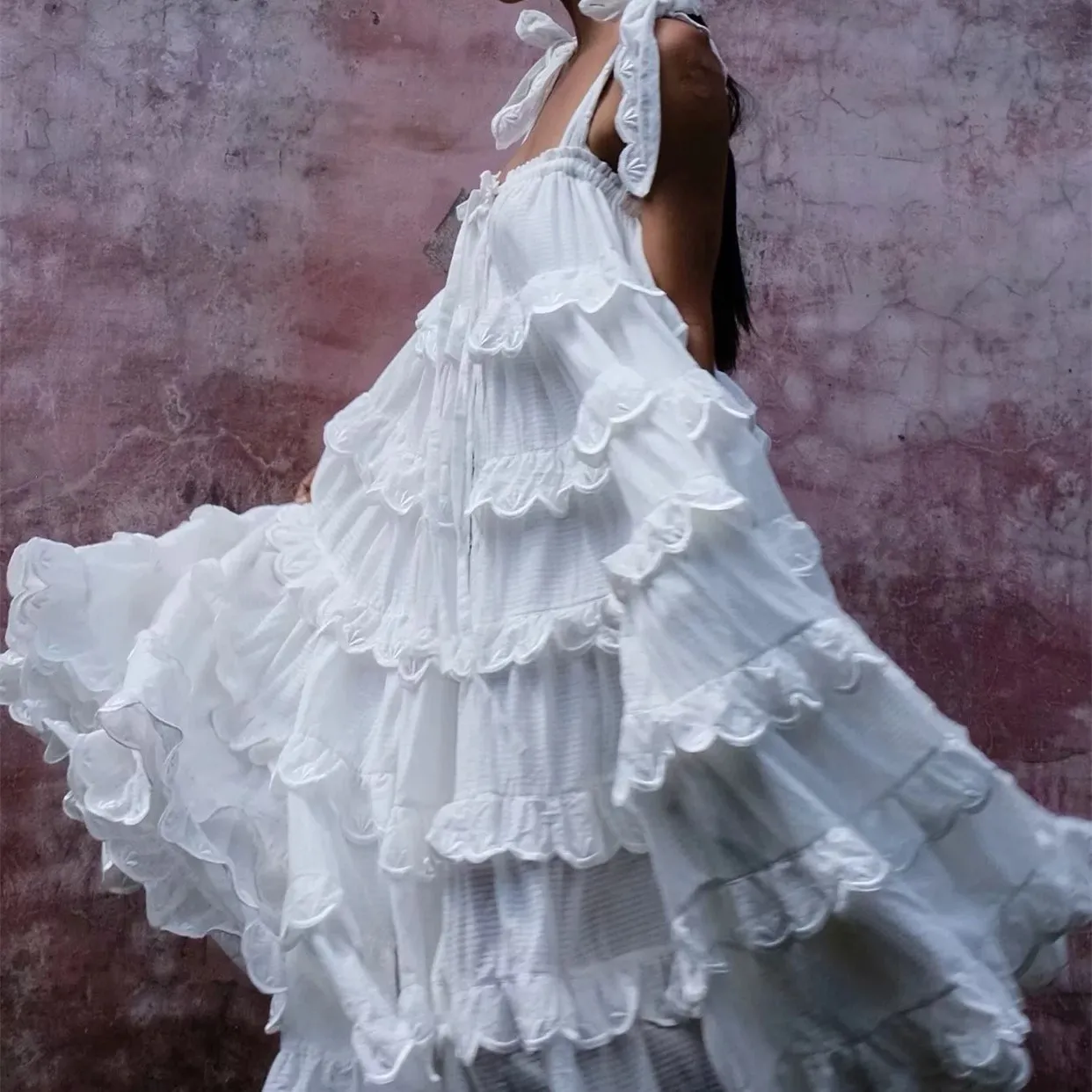 Платье в стиле бохо многослойное платье с оборками и бантом на бретельках для