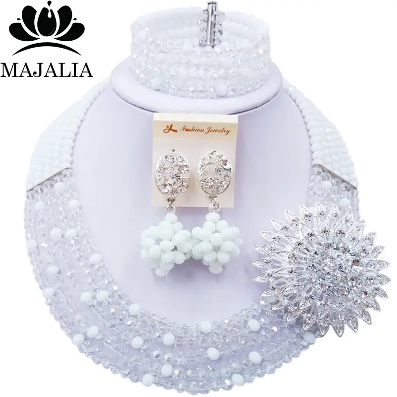 

Majalia Romantic African Jewelery Set White Crystal Beads Bride Jewelry Nigerian Wedding Jewelry Sets 5CC009