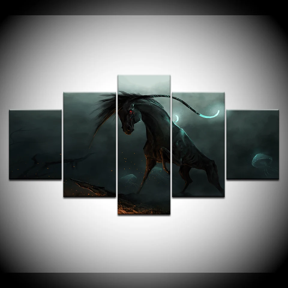 Картина на холсте дикая лошадь ночью 5 шт. Настенная картина модульные обои